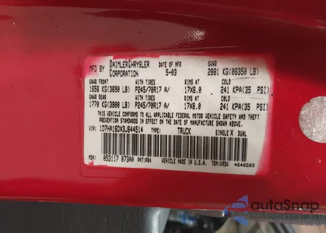 2003 Dodge Ram 1500 Slt/Laramie/St z USA, uszkodzony, nr VIN 1D7HA16DX3J644514